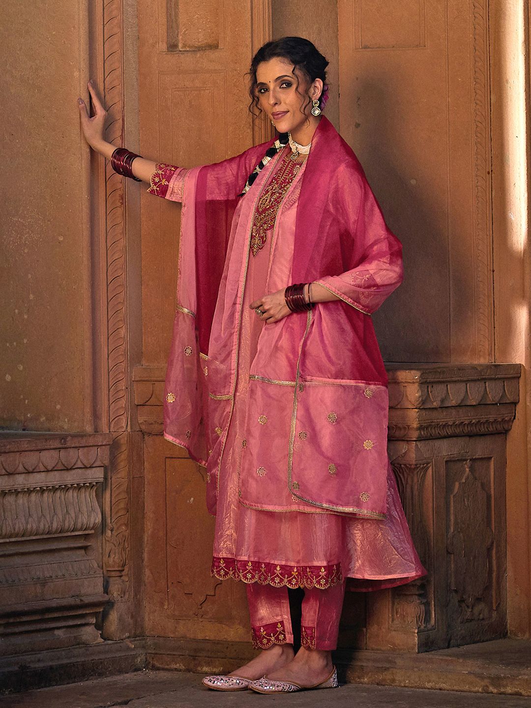 Dhiyona CH Women Floral Embroidered A-Line Kurta with Trousers & Dupatta