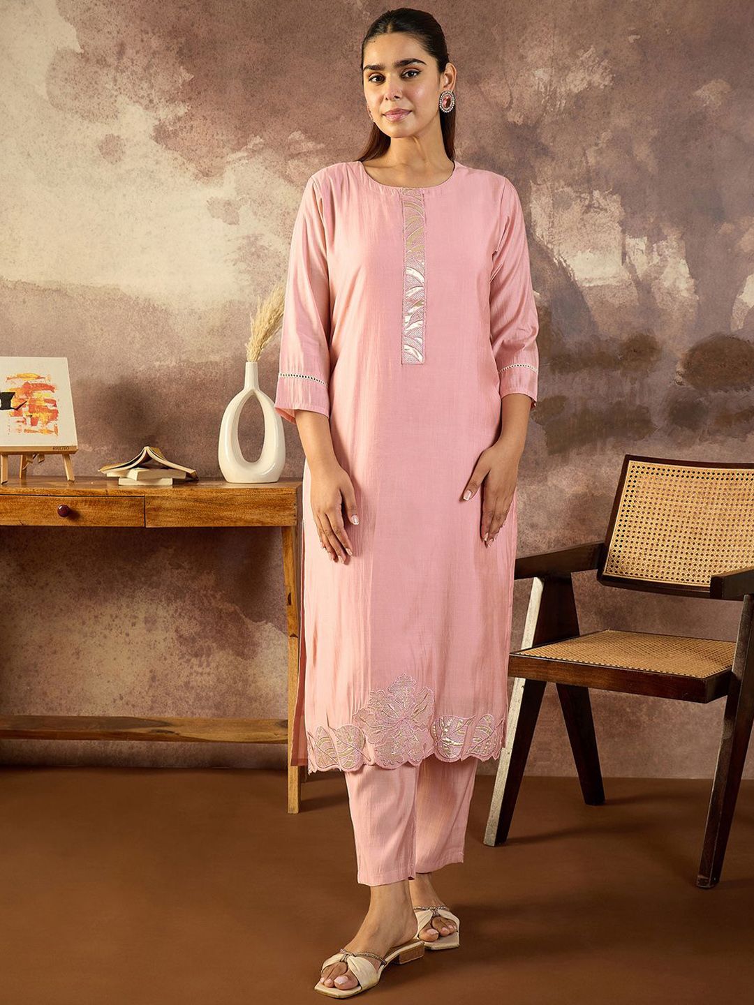 Women Solid Embroidered Kurta with Trousers & Dupatta