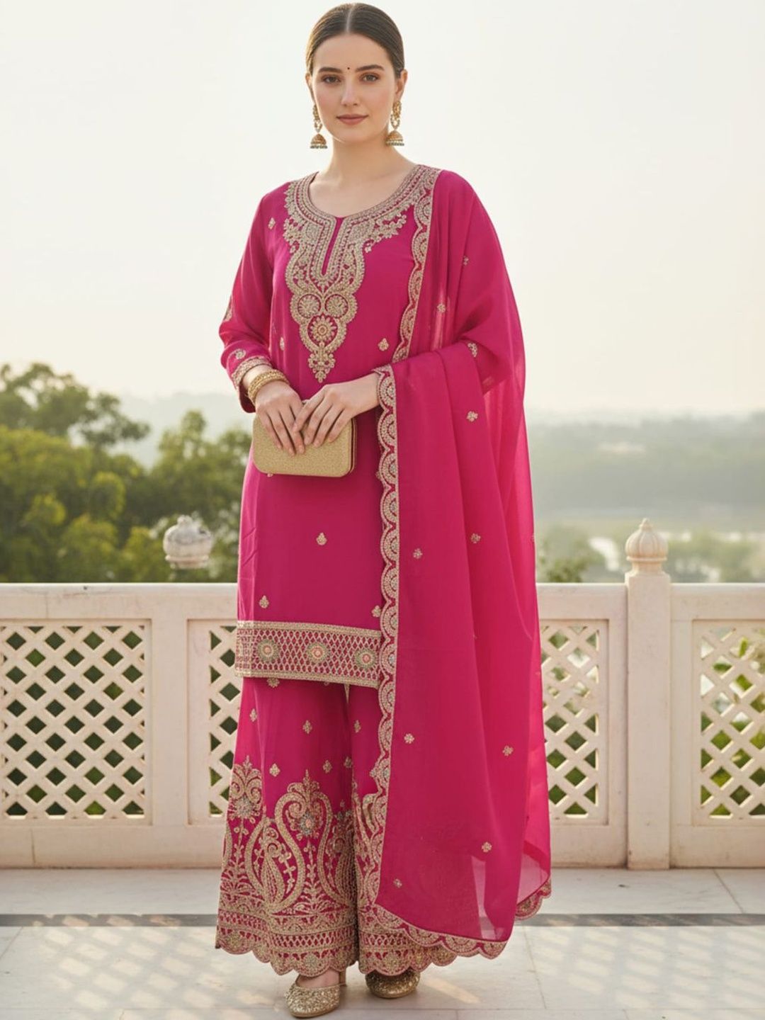 Women Ethnic Motifs Embroidered Regular Kurta with Sharara & With Dupatta