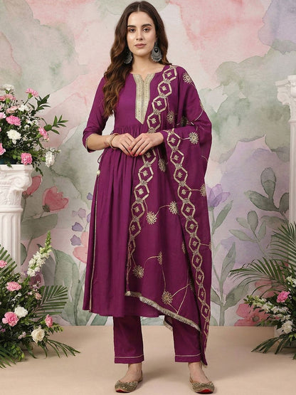 Dhiyona CH Women Ethnic Motifs Embroidered Tiered Thread Work Kurta with Trousers & With Dupatta