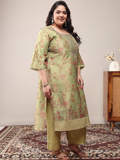 Dhiyona Women's Plus Size Floral Printed Kurta with Trousers & With Dupatta
