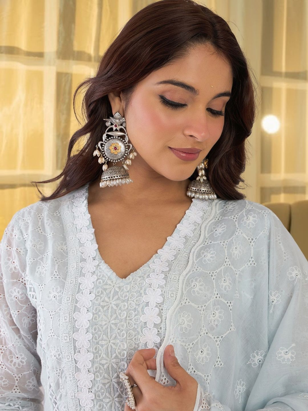 Women Ethnic Motifs Embroidered Regular Chikankari Pure Cotton Kurta with Trousers & With Dupatta