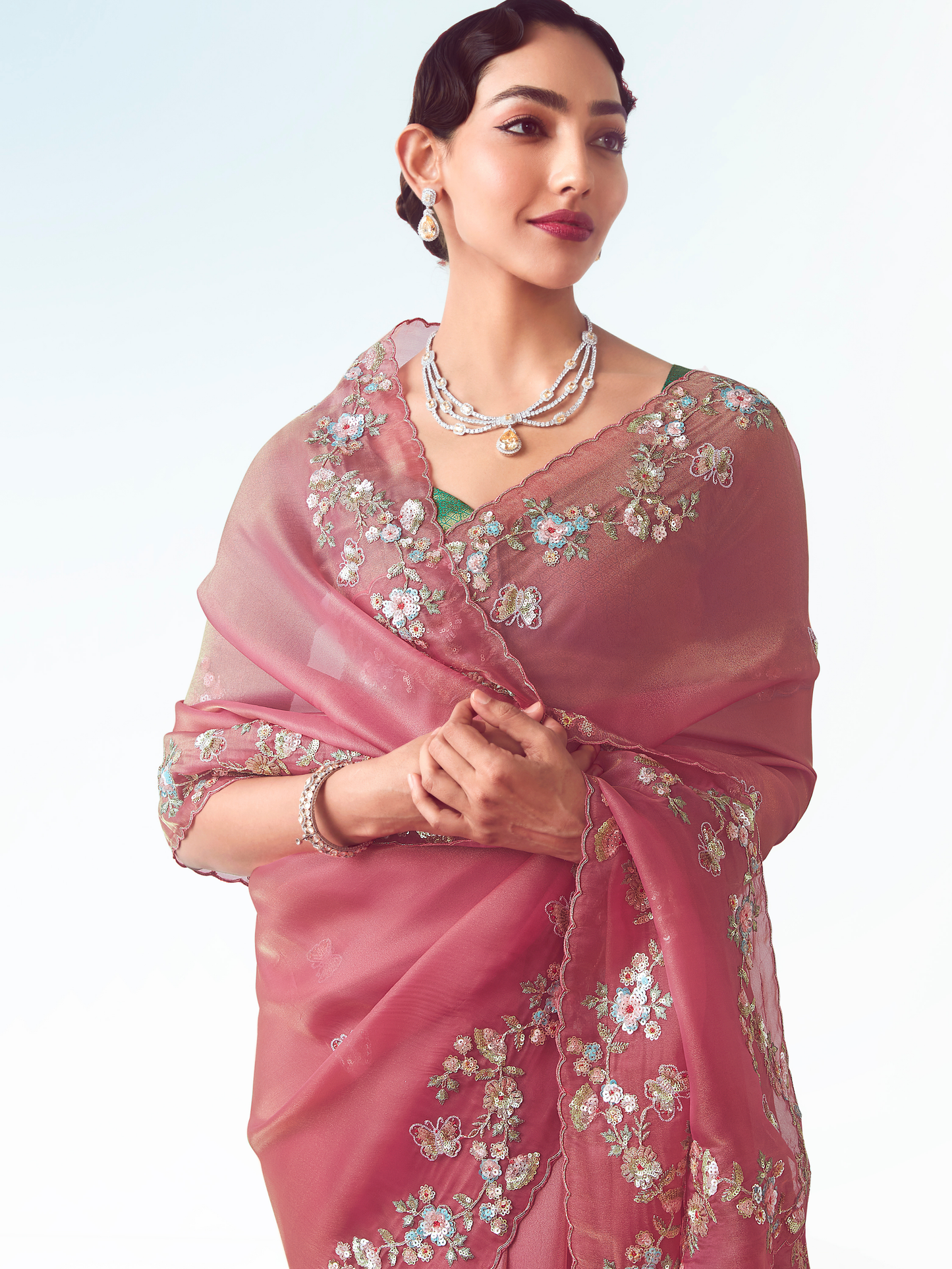 Dhiyona KM Women Dusty Rose Organza Silk Saree
