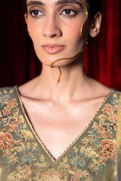 Women's Grey and Vintage Gold Tissue Kurta Set