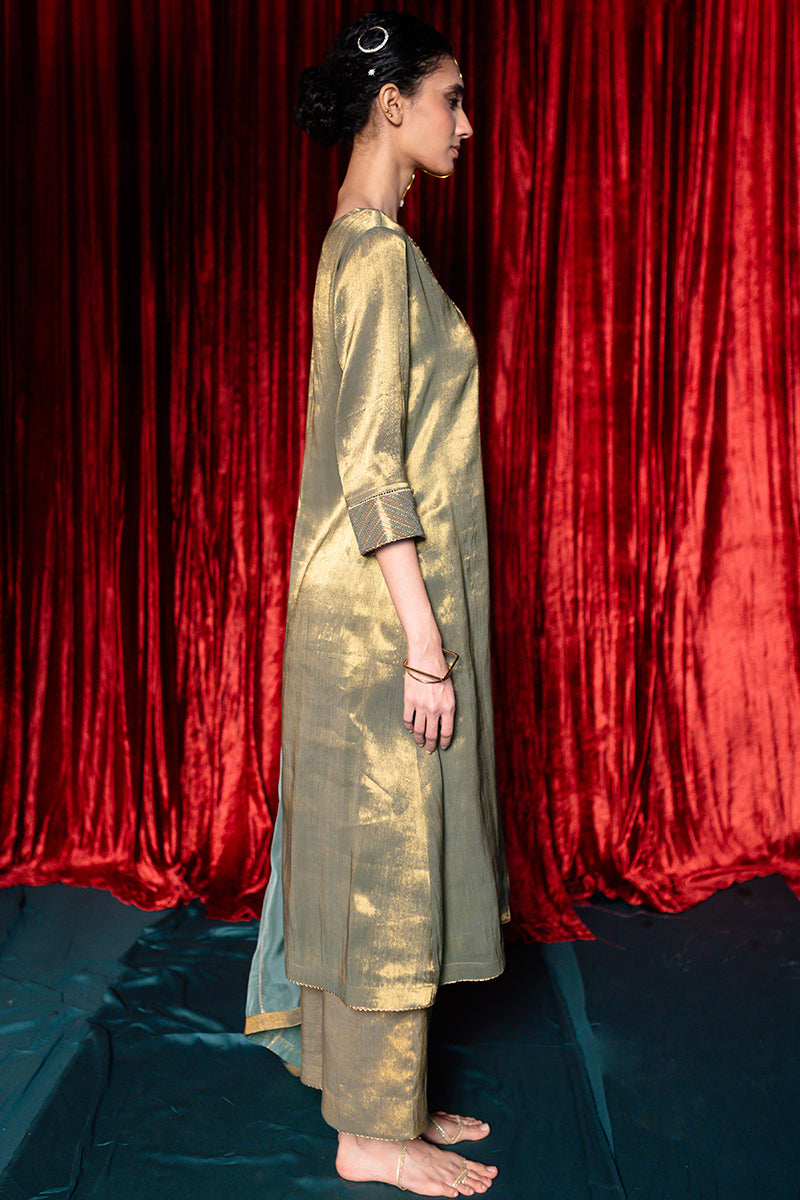Women's Grey and Vintage Gold Tissue Kurta Set
