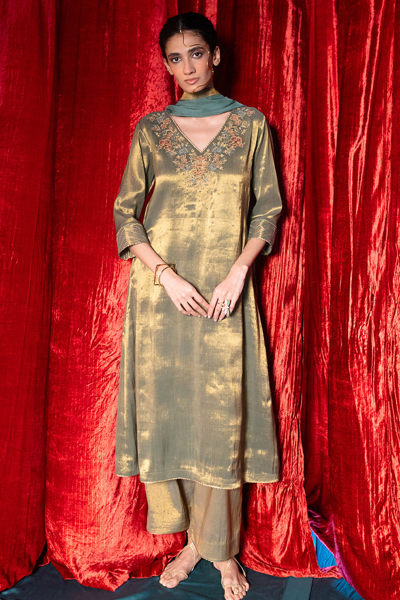Women's Grey and Vintage Gold Tissue Kurta Set