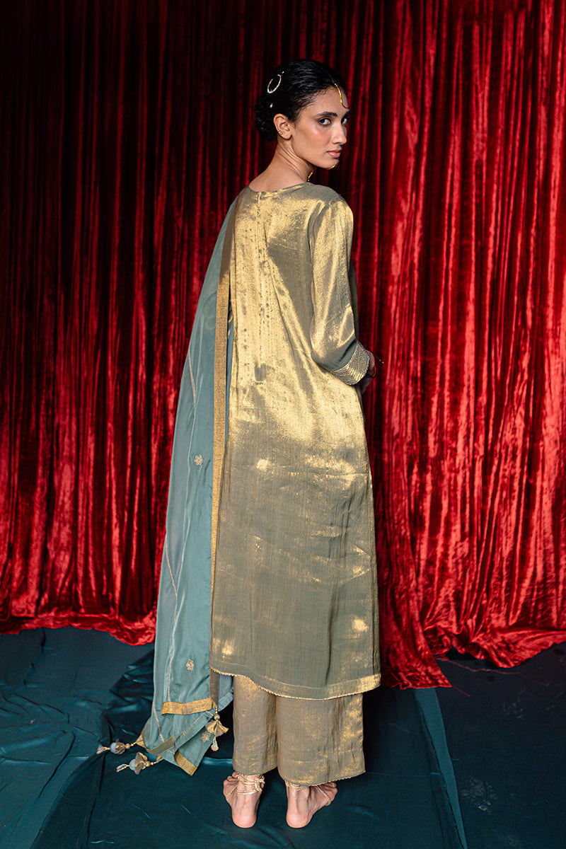 Women's Grey and Vintage Gold Tissue Kurta Set
