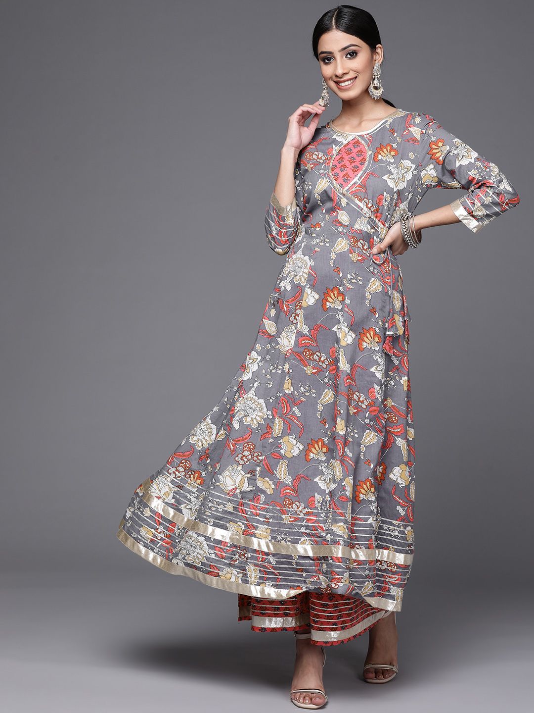 Dhiyona VA Women's Grey & Pink Floral Print Angrakha Gotta Patti Pure Cotton Kurta with Sharara