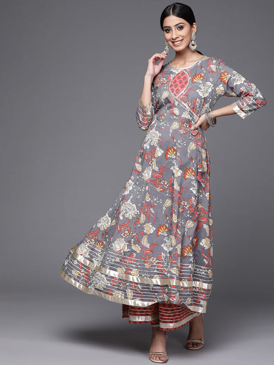 Dhiyona VA Women's Grey & Pink Floral Print Angrakha Gotta Patti Pure Cotton Kurta with Sharara