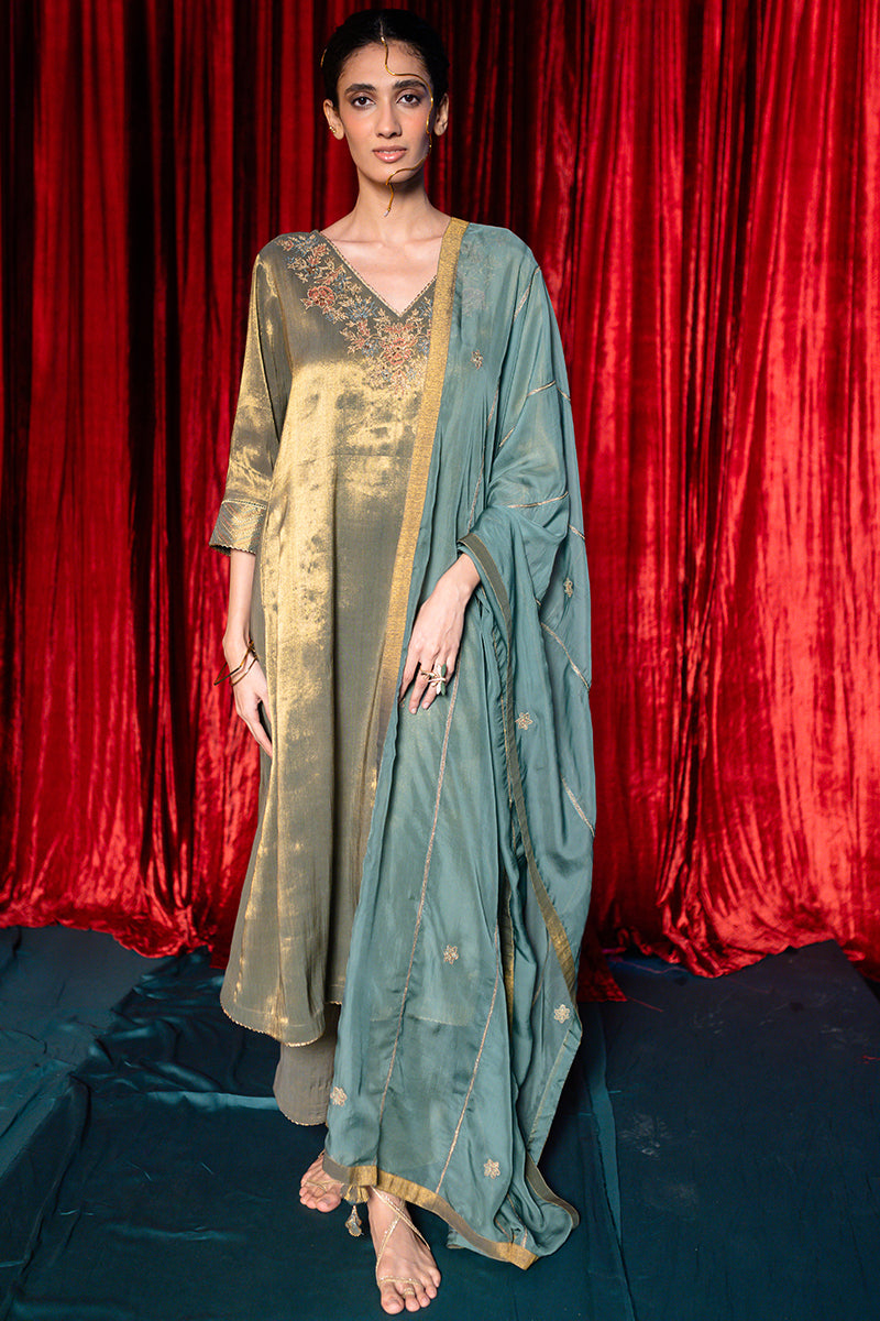 Women's Grey and Vintage Gold Tissue Kurta Set