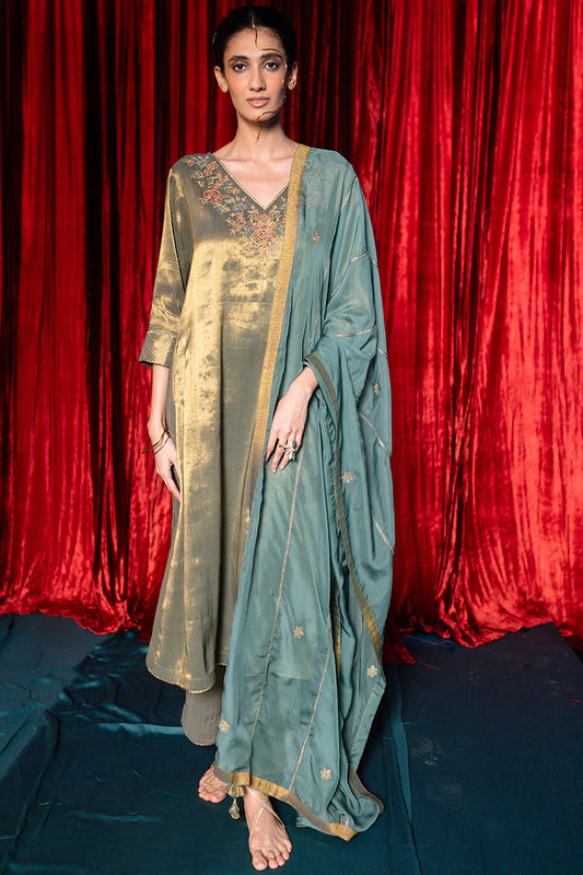 Women's Grey and Vintage Gold Tissue Kurta Set