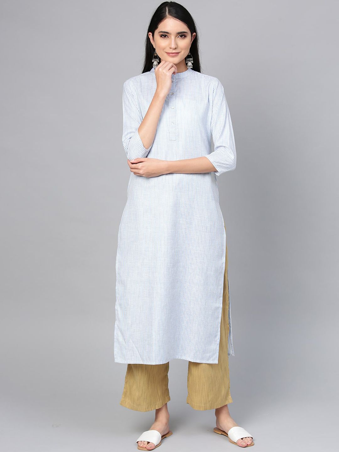 Dhiyona IE Women Blue Striped Cotton Kurta