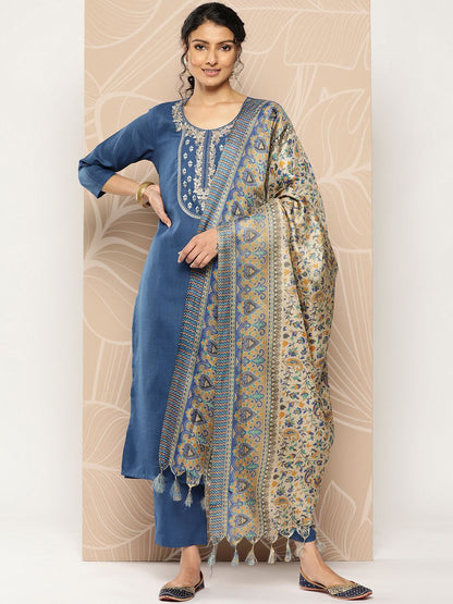 Dhiyona VA Women'sBlue Yoke Embroidered Kurta with Trouser and Dupatta