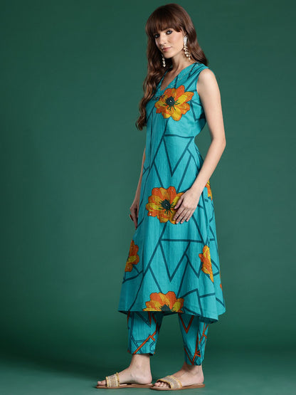 Dhiyona IE Floral Printed Pure Cotton Kurta with Trousers