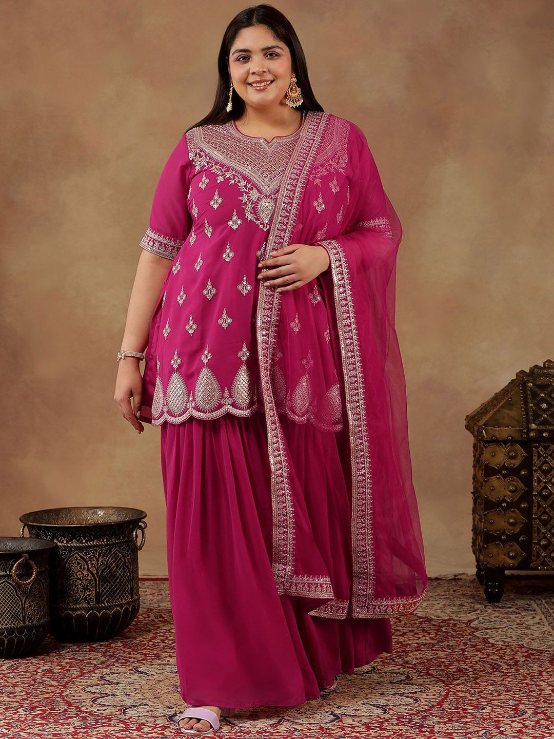 Dhiyona IN Plus Size Embroidered Sequin Georgette Straight Kurta With Sharara & Dupatta