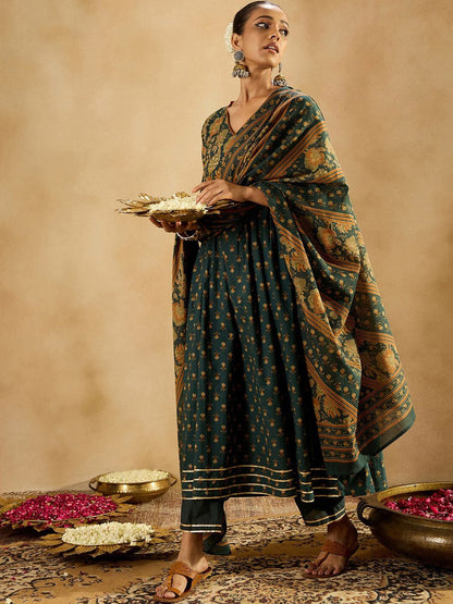 Dhiyona IE Floral Printed Empire Pure Cotton A-Line Kurta With Trousers & Dupatta