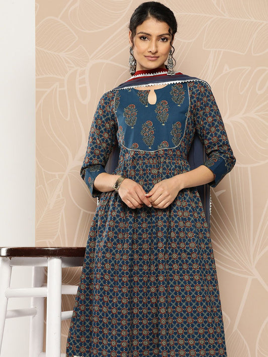 Dhiyona VA Women'sFloral Printed Empire Pure Cotton Kurta With Trousers & Dupatta