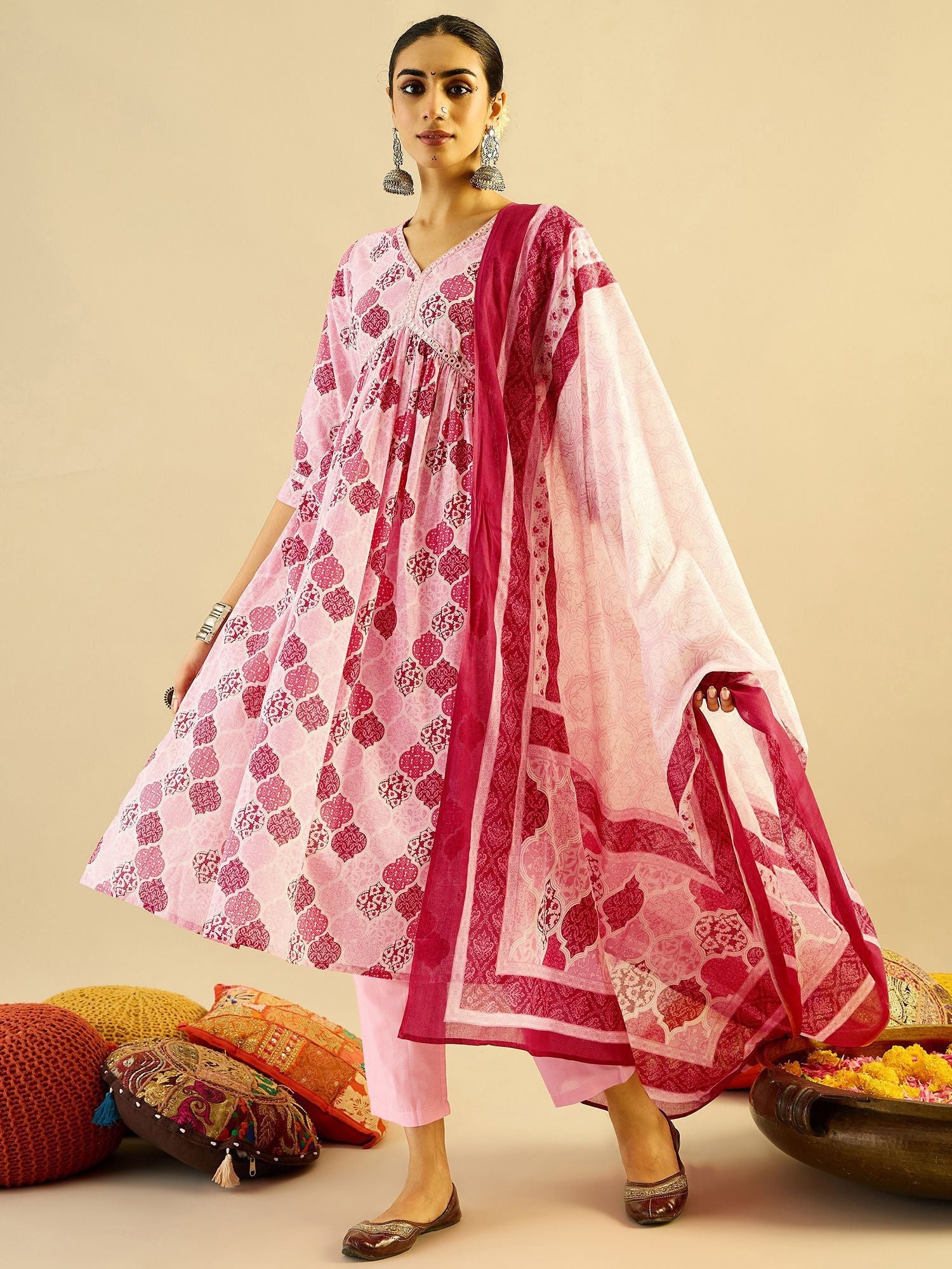 Dhiyona IE Ethnic Motifs Printed Mirror Work Pure Cotton Kurta with Trouser And Dupatta