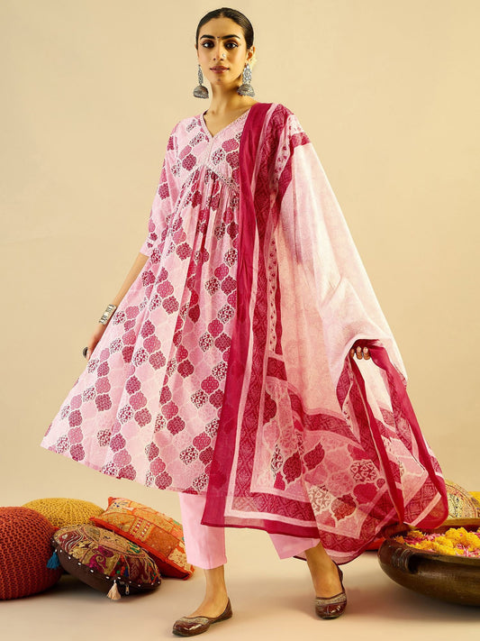 Dhiyona IE Ethnic Motifs Printed Mirror Work Pure Cotton Kurta with Trouser And Dupatta