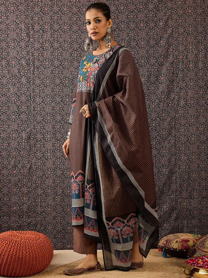 Women Ethnic Motifs Printed Regular Sequinned Pure Cotton Kurta with Trousers & With Dupatta