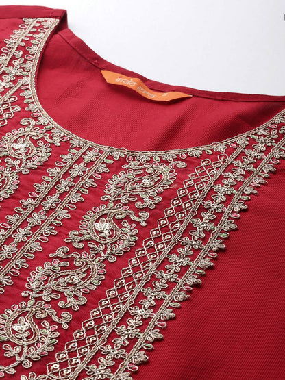 Dhiyona IE Ethnic Motifs Embroidered Sequinned Liva Kurta With Trousers & Dupatta