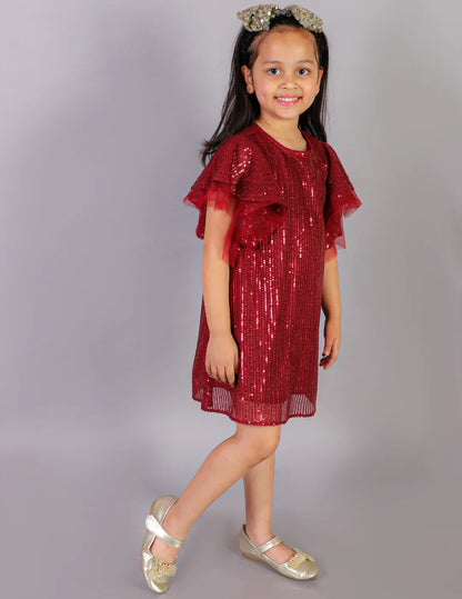 Girls Stylish Sequence Embroidered Dress with Ruffle Sleeve