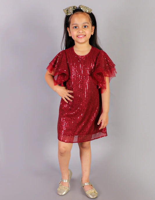 Girls Stylish Sequence Embroidered Dress with Ruffle Sleeve