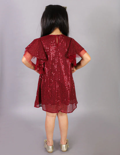 Girls Stylish Sequence Embroidered Dress with Ruffle Sleeve