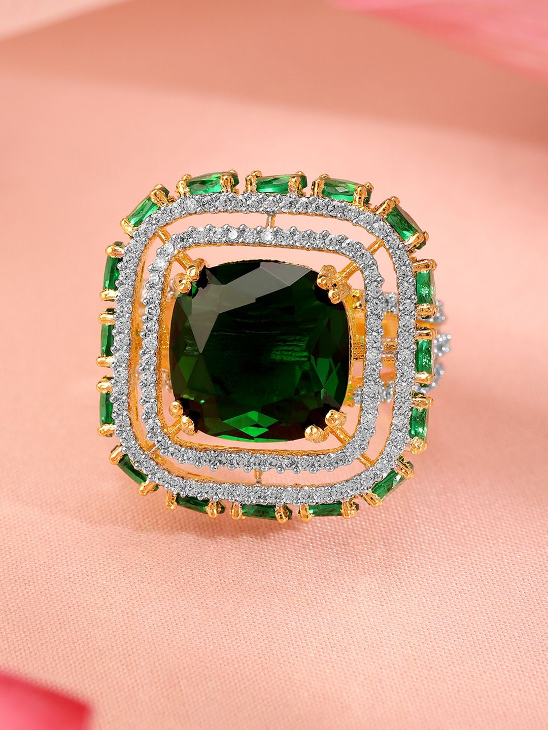 Dhiyona RJ Women's 22K Gold-Plated Emerald Green & Cubic Zirconia Studded Adjustable Finger Ring