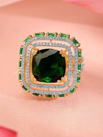 Dhiyona RJ Women's 22K Gold-Plated Emerald Green & Cubic Zirconia Studded Adjustable Finger Ring