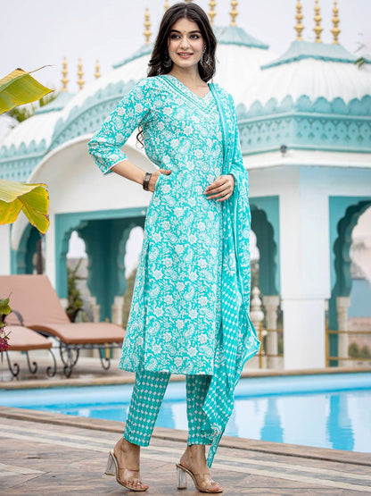 Dhiyona VA Women'sEthnic Motifs Printed Regular Mirror Work Kurta with Trouser & Dupatta