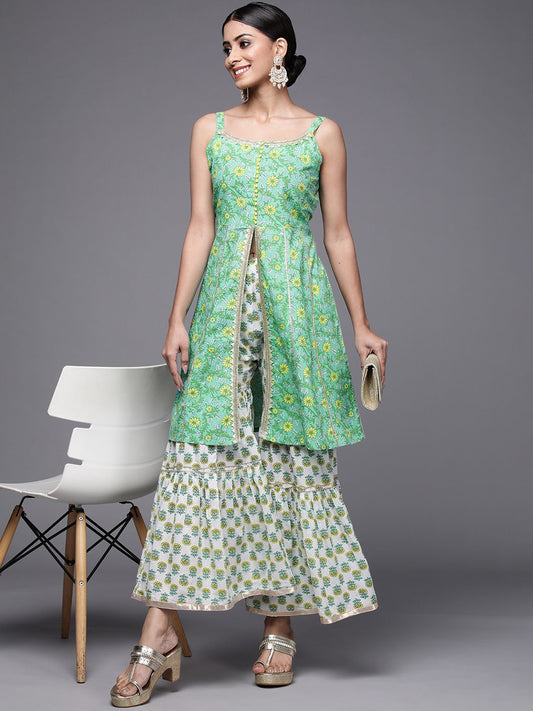 Dhiyona VA Women's Green Floral Printed Pure Cotton Kurti with Sharara