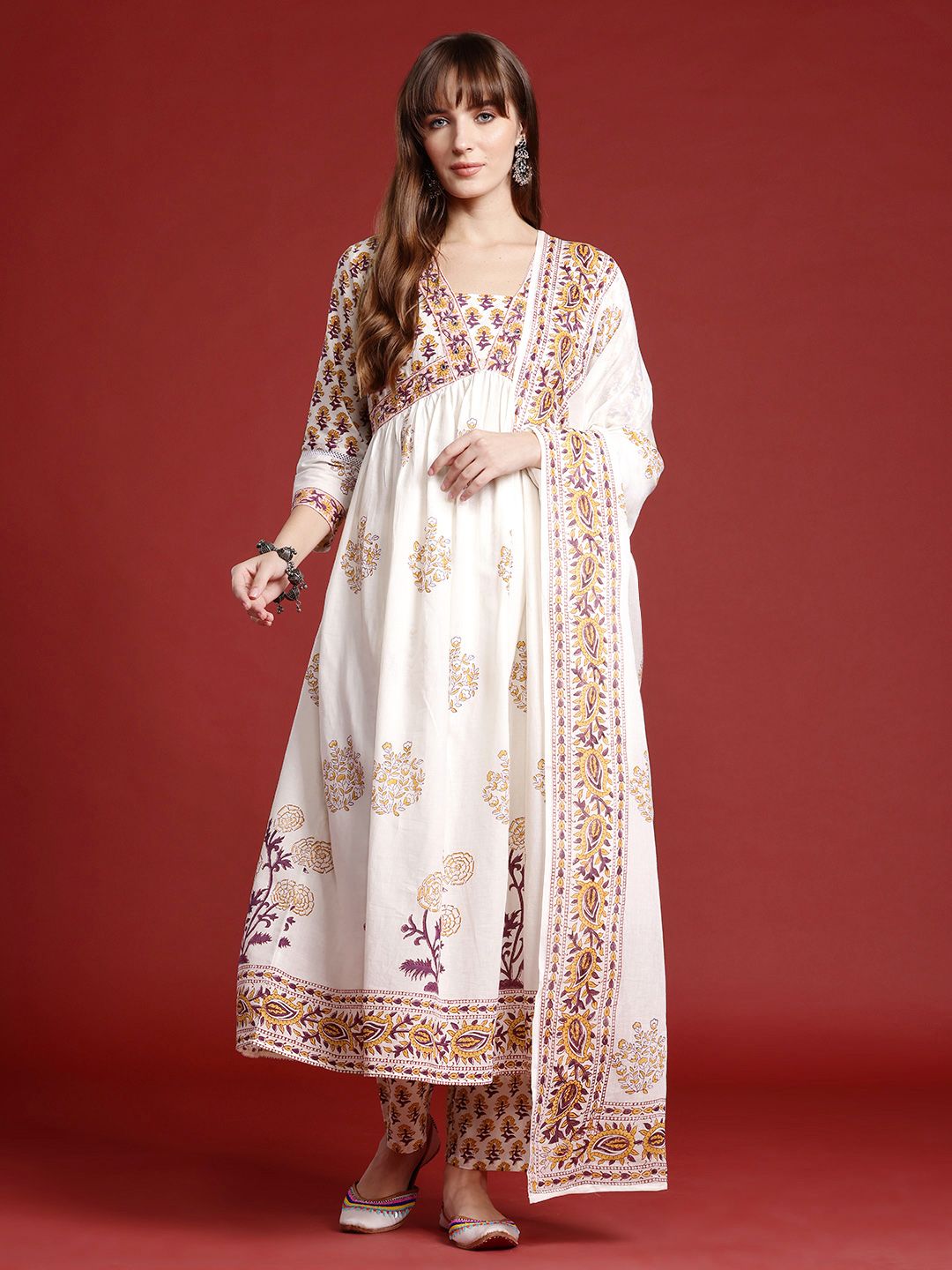 Dhiyona IE Ethnic Motifs Printed Empire Mirror Work Pure Cotton Kurta Set