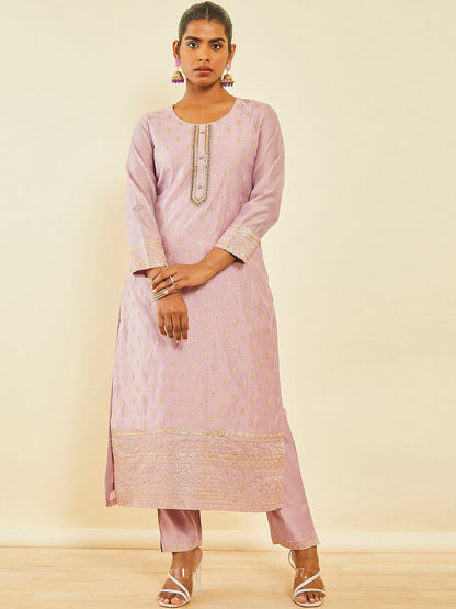 Dhiyona SO Women's Ethnic Motifs Embroidered Sequinned Detail Chanderi Silk Straight Kurta Set