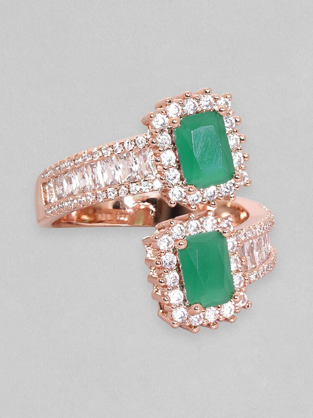 Dhiyona RJ Women's 18K Rose Gold-Plated Emerald Green & Cubic Zirconia Studded Adjustable Finger Ring