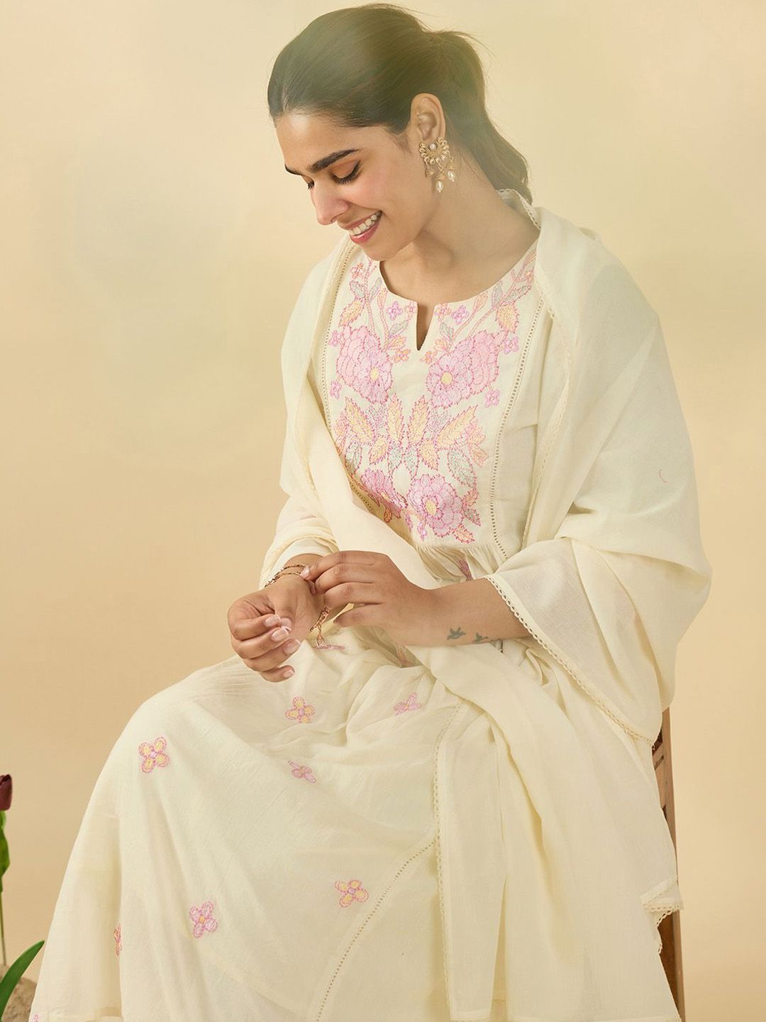 Floral Embroidered Notch Neck Pure Cotton A-Line Kurta & Trousers With Dupatta