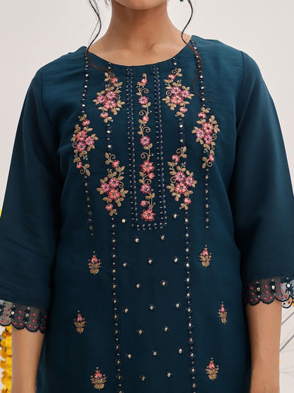 Dhiyona VA Women'sEthnic Motifs Embroidered Thread Work Detail Kurta & Trousers With Dupatta