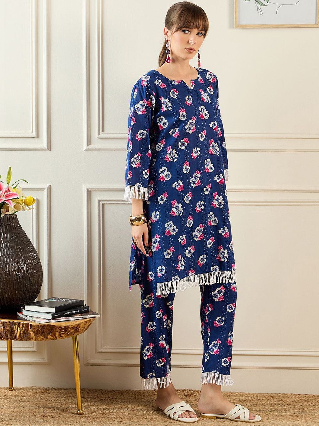 Dhiyona IE Floral Printed Sweetheart Collar Pure Cotton Tunic With Trouser