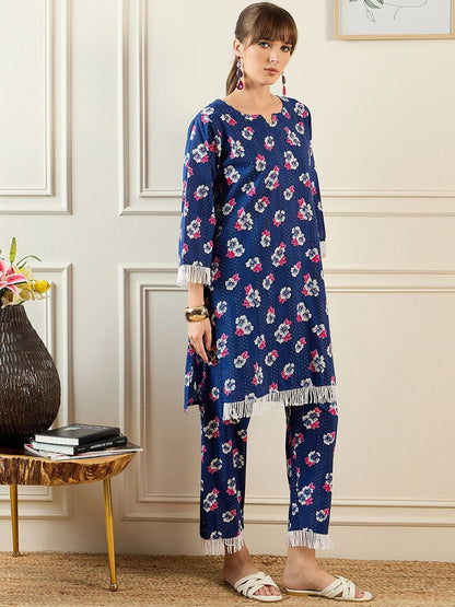 Dhiyona IE Floral Printed Sweetheart Collar Pure Cotton Tunic With Trouser