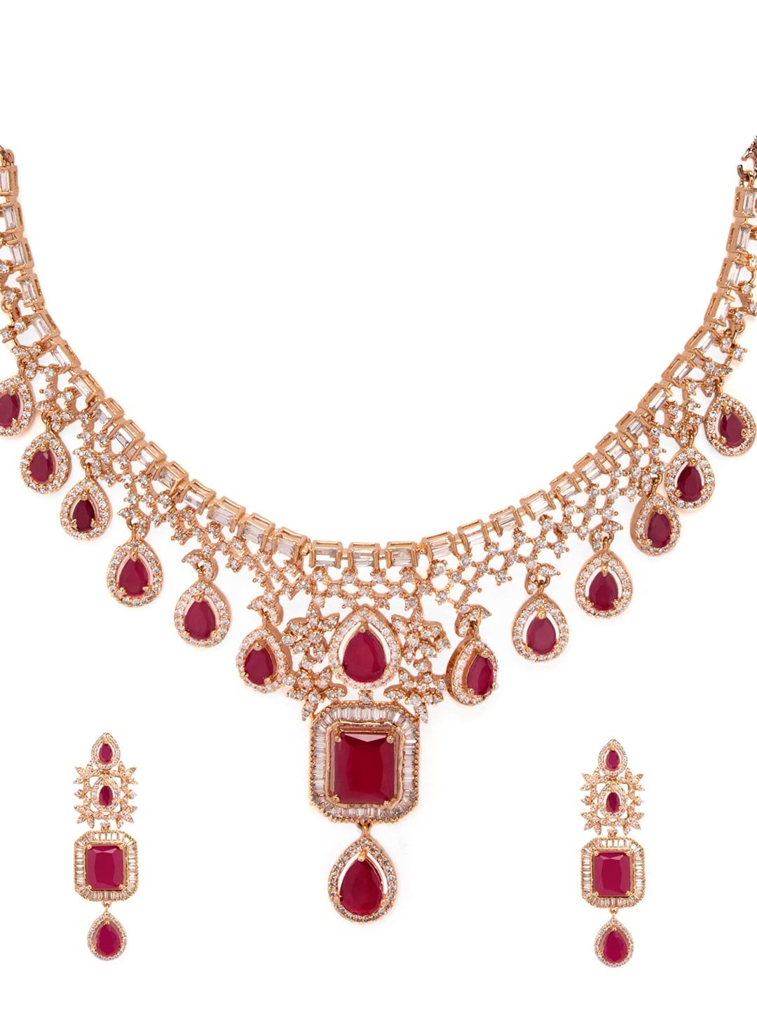Dhiyona RJ Women's 24K Rose Gold Plated Pink Sapphire & CZ Studded Handcrafted Premium Jewellery Set