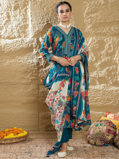 Dhiyona IE Floral Printed Mirror Work V-Neck Straight Kurta With Trousers And Dupatta