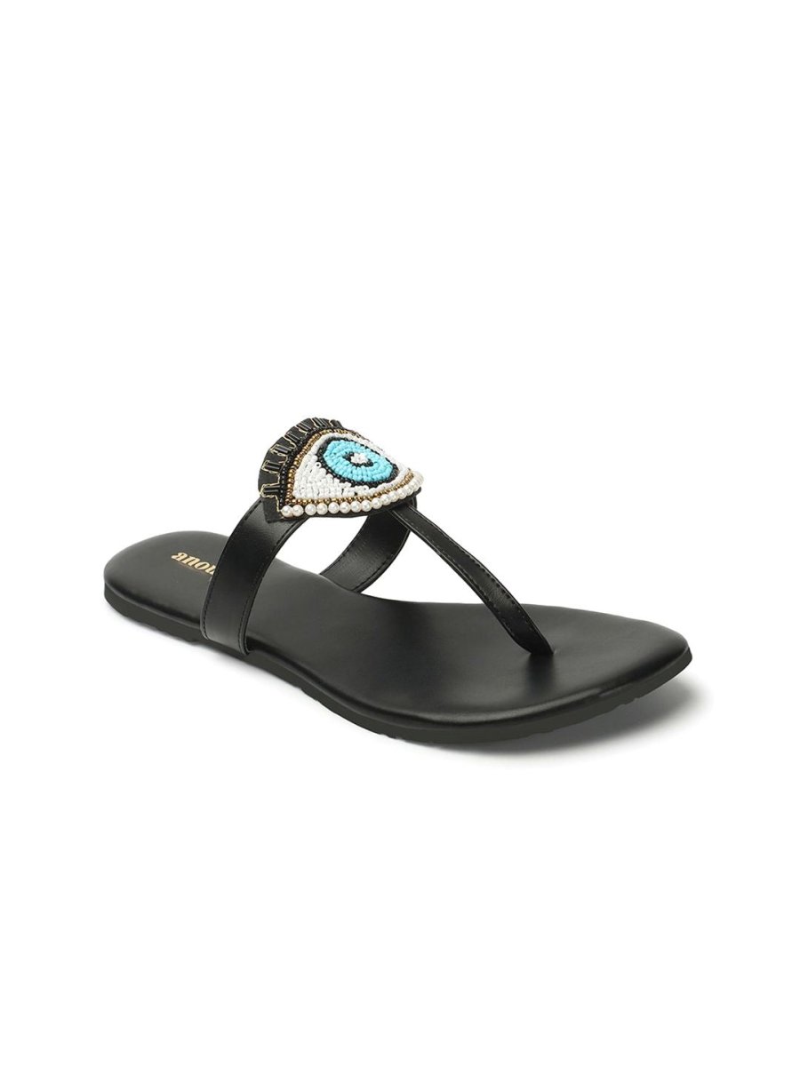 Dhiyona AK Black & Blue Evil Eye Embellished Classic T-Strap Flats