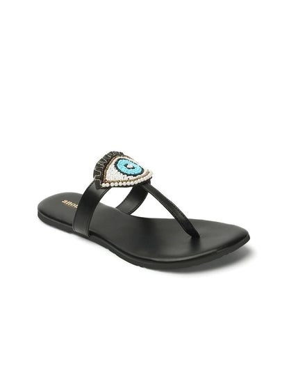 Dhiyona AK Black & Blue Evil Eye Embellished Classic T-Strap Flats
