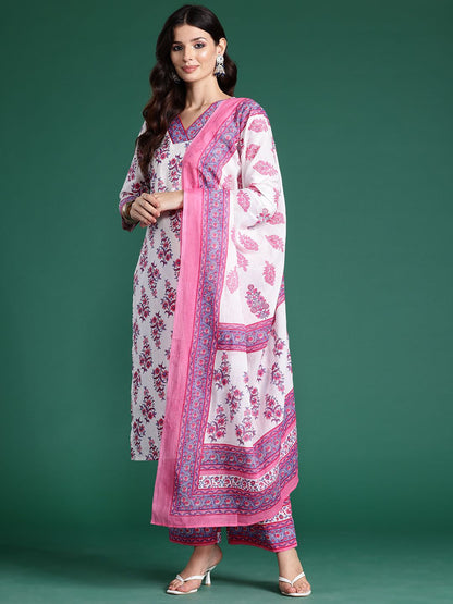 Dhiyona IE Floral Printed Pure Cotton Kurta With Palazzos & Dupatta
