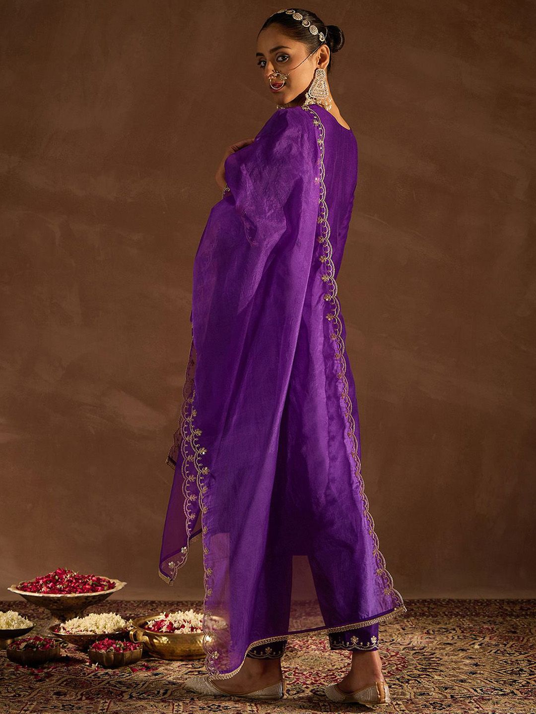Ethnic Motifs Embroidered Sequinned Straight Kurta With Trousers & Dupatta