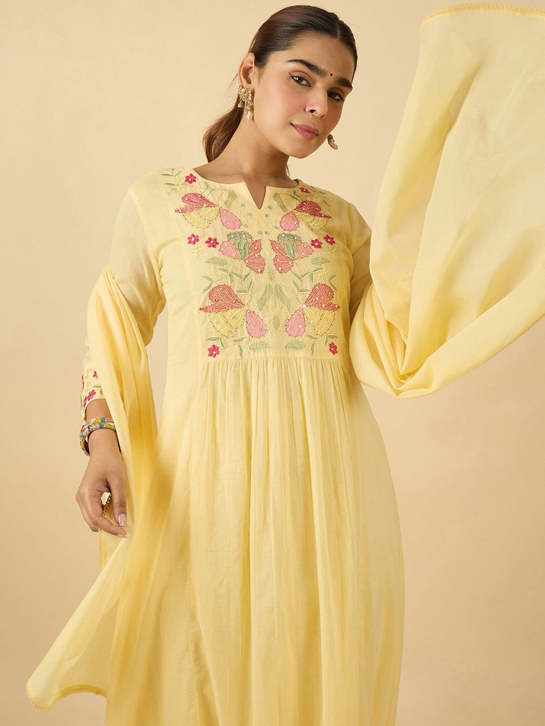 Women Floral Embroidered Cotton Kurta with Trousers & Dupatta