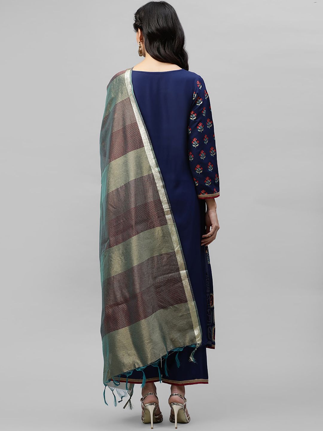 Women Navy Blue Ethnic Motifs Printed Liva Kurti Set & With Dupatta