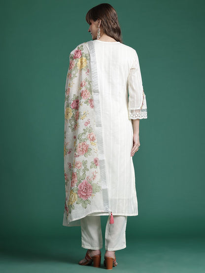 Floral Embroidered Regular Linen Kurta with Trousers & Dupatta