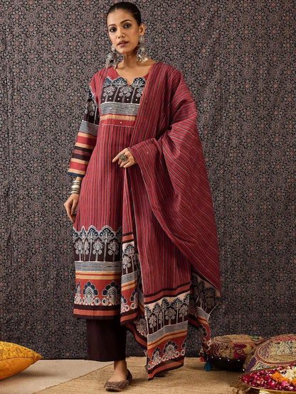 Women Floral Printed Regular Sequinned Pure Cotton Kurta with Trousers & With Dupatta