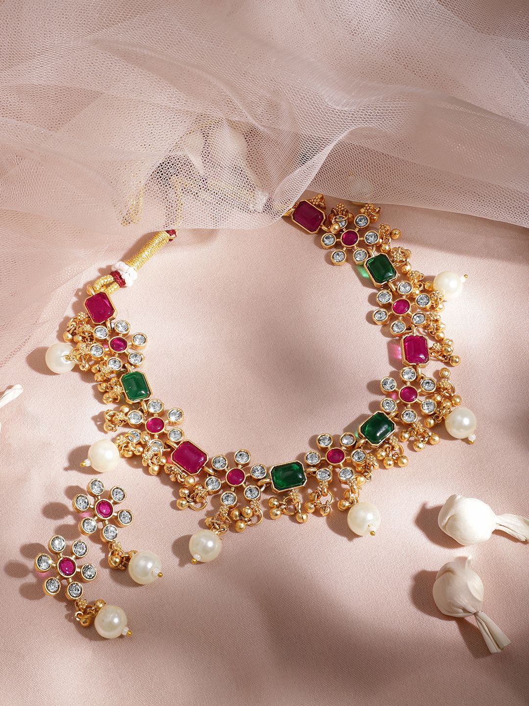 Dhiyona RJ Women's 22KT Gold Plated Brass Red And Green Stone Studded Pearls Hanging Jewellery Set
